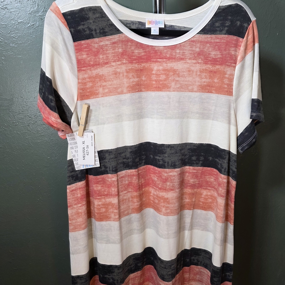 LuLaRoe Coral, Black & Cream Striped Short Sleeve Top